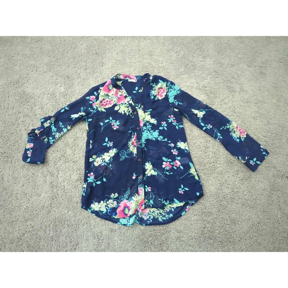 Kut‎ from the Kloth Button Up Blouse Womens S Blue Floral Sheer Made in USA
